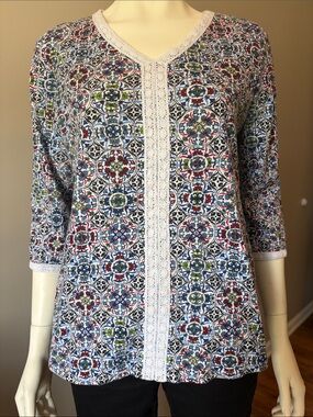 Kim Rogers Boho Print Crochet Trim 3/4 Sleeve Top